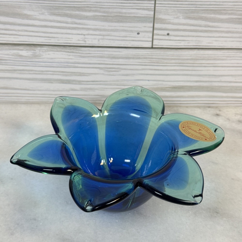 VTG Crystal Clear Glassware Murano Style Italy Decorative Blue Green Flower Dish